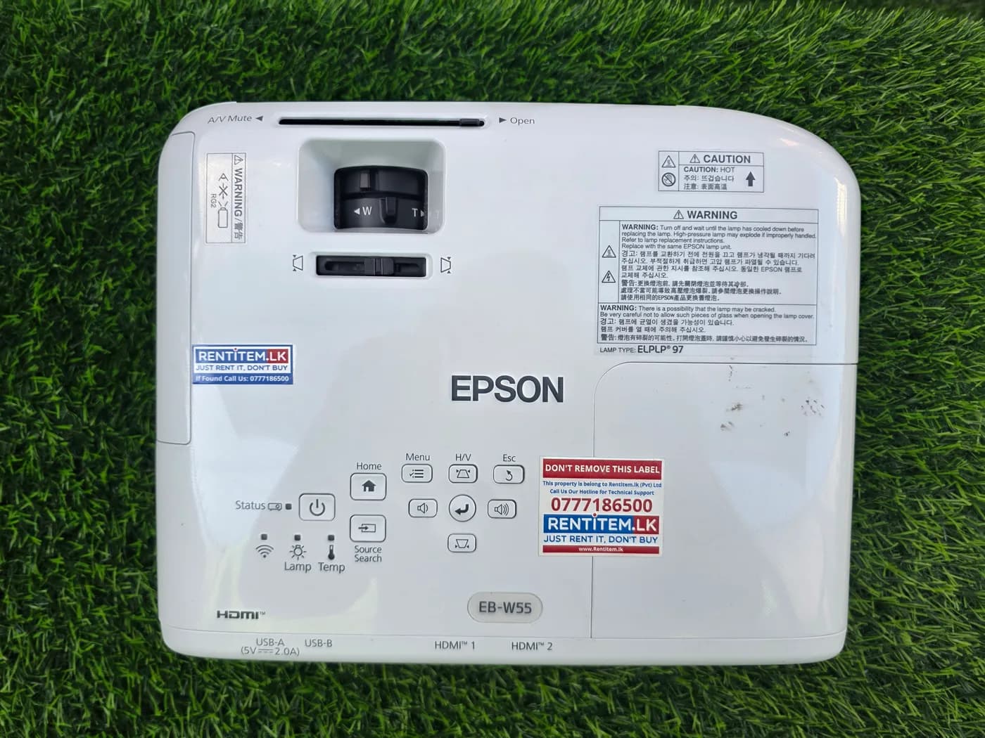 Epson EB-W55 WXGA projector — real photo 5 (top control panel, EB-W55 label and ports)