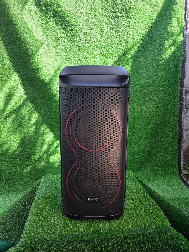 Ravo 815 portable Bluetooth party speaker — real photo 1 (front, red LED ring)