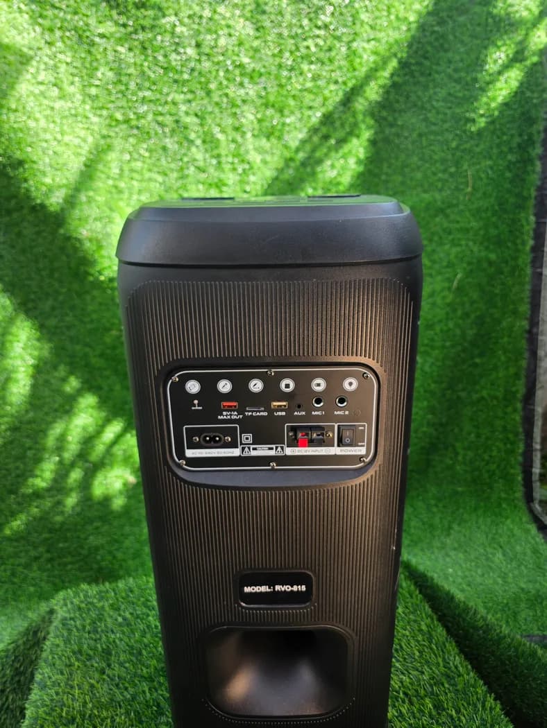 Ravo 815 portable Bluetooth party speaker — real photo 5 (back panel, mic/aux/line inputs)