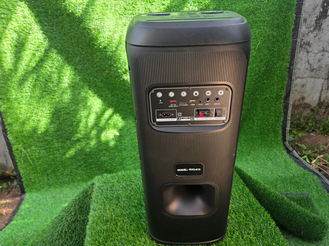 Ravo 815 portable Bluetooth party speaker — real photo 6 (back, LED base glow)