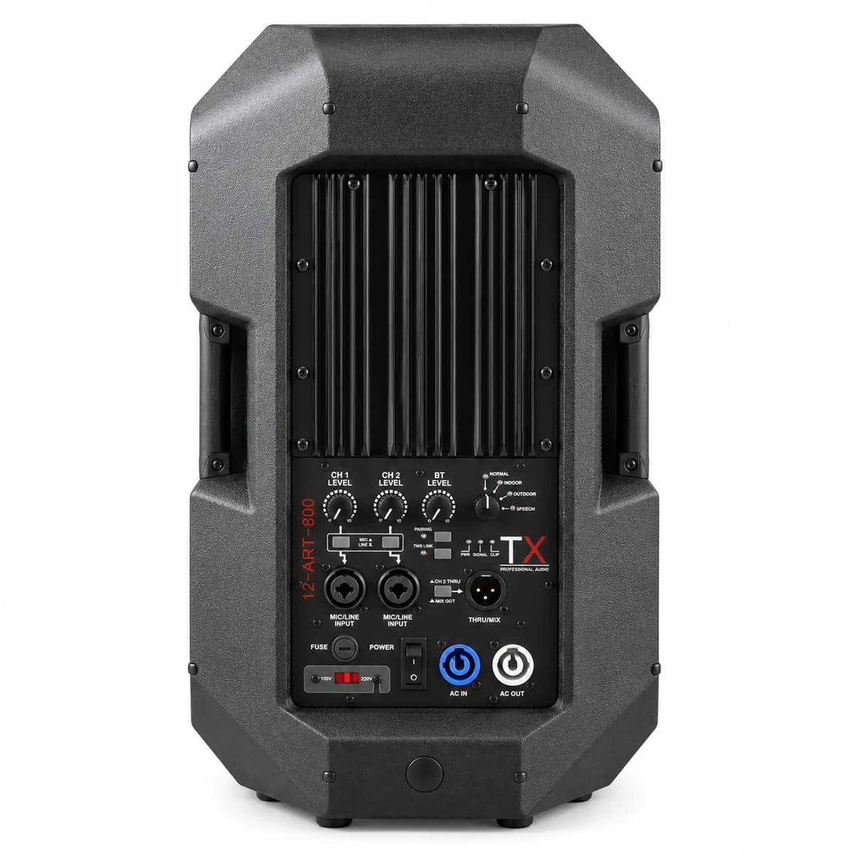 TX 800W 12-inch Active PA Speaker — rear amplifier panel
