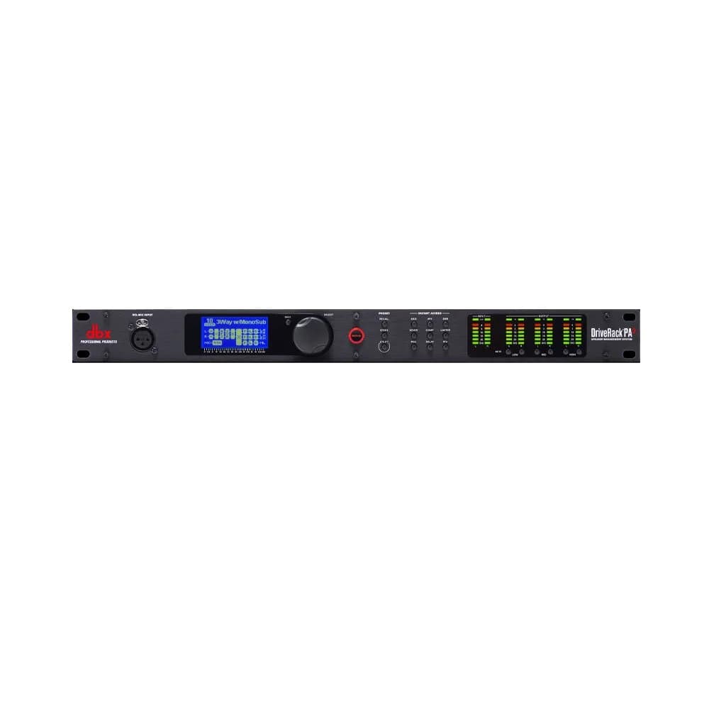 dbx DriveRack PA2 front panel with LCD screen, RTA mic input and input/output meters