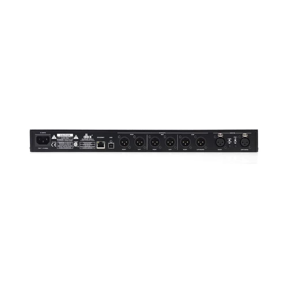 dbx DriveRack PA2 rear panel — 2 XLR inputs, 6 XLR outputs, Ethernet and USB