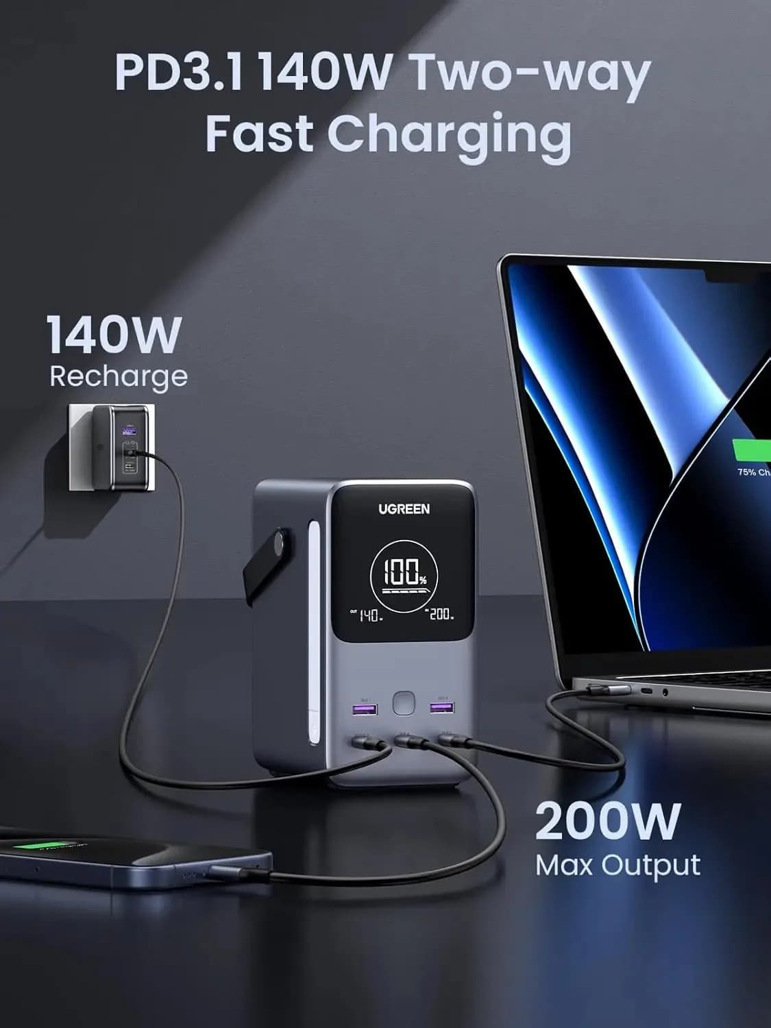 UGREEN PB770 PD3.1 140W two-way fast charging — recharges in and powers a laptop at 200W output