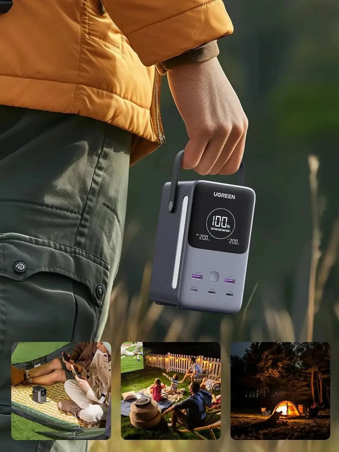 UGREEN 48000mAh power bank with carry handle and LED light — portable power for events, camping and outdoor shoots