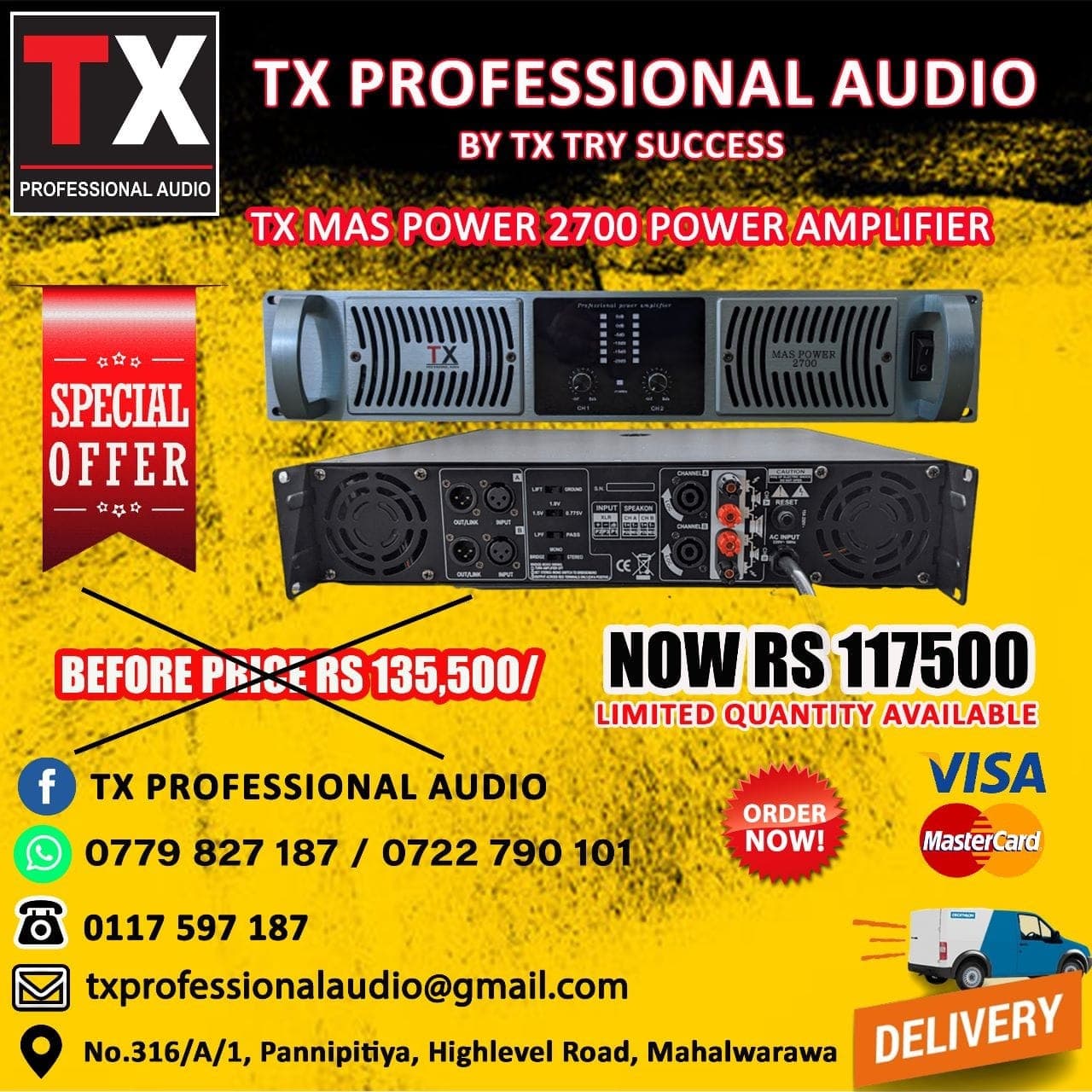 Rent the TX 2400W 2-channel rack-mount power amplifier in Colombo from Rentitem.lk