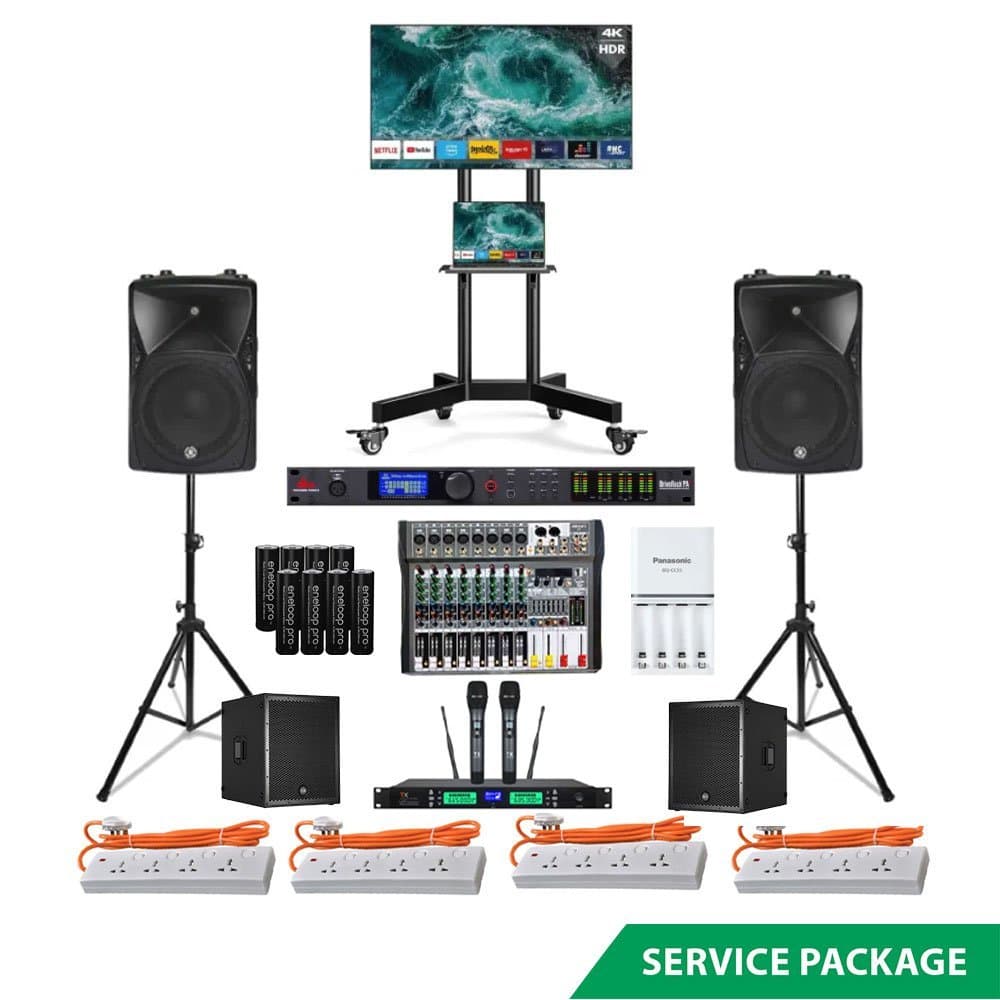 Rent Club Display Dance Karaoke Package in Sri Lanka - speakers, bass bins, wireless mics, mixer and 65-inch 4K TV from Rentitem.lk
