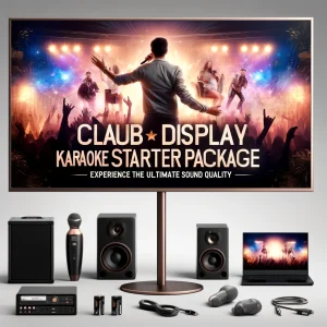 Club Display Karaoke Starter Package1 x TX-800w 12 Inch Active Speaker 1 x TX Dual Handheld Microphone System 1 x AA Rechargeable Battery Pack 1 x Ashley X8 XLR 8 Channel Audio Mixer 1 x RCA Stereo to 3.5mm Stereo AUX Cable 03 Meter (Y Cable) 1 x 4K 65″ Inch Android Smart TV Screen - Singer SLE65G3A 1 x Trolly Movable Heavy Duty TV Stand for 43 -100 Inch TV 1 x Acer i5 Laptop 16GB . Include the text 'Club Display Karaoke Starter Package' in bold, stylish font at the top of the banner, and a tagline 'Experience the Ultimate Sound Quality' at the bottom. user engage image for family event ,office function ,event