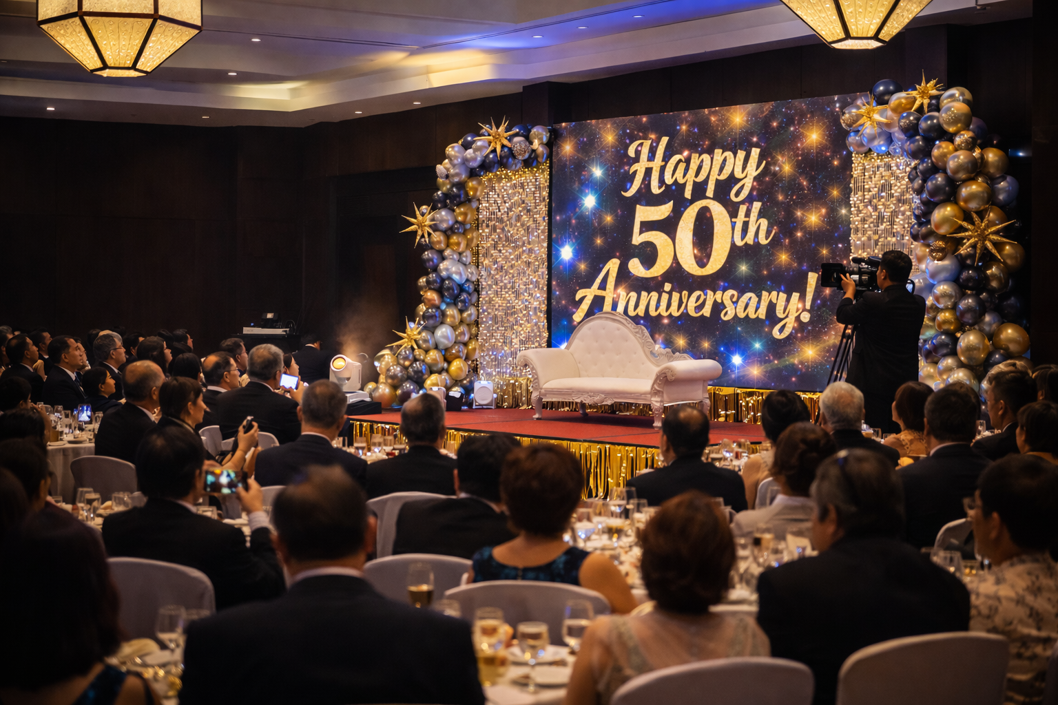 LED stage backdrop decoration with gold balloon décor and premium event stage setup