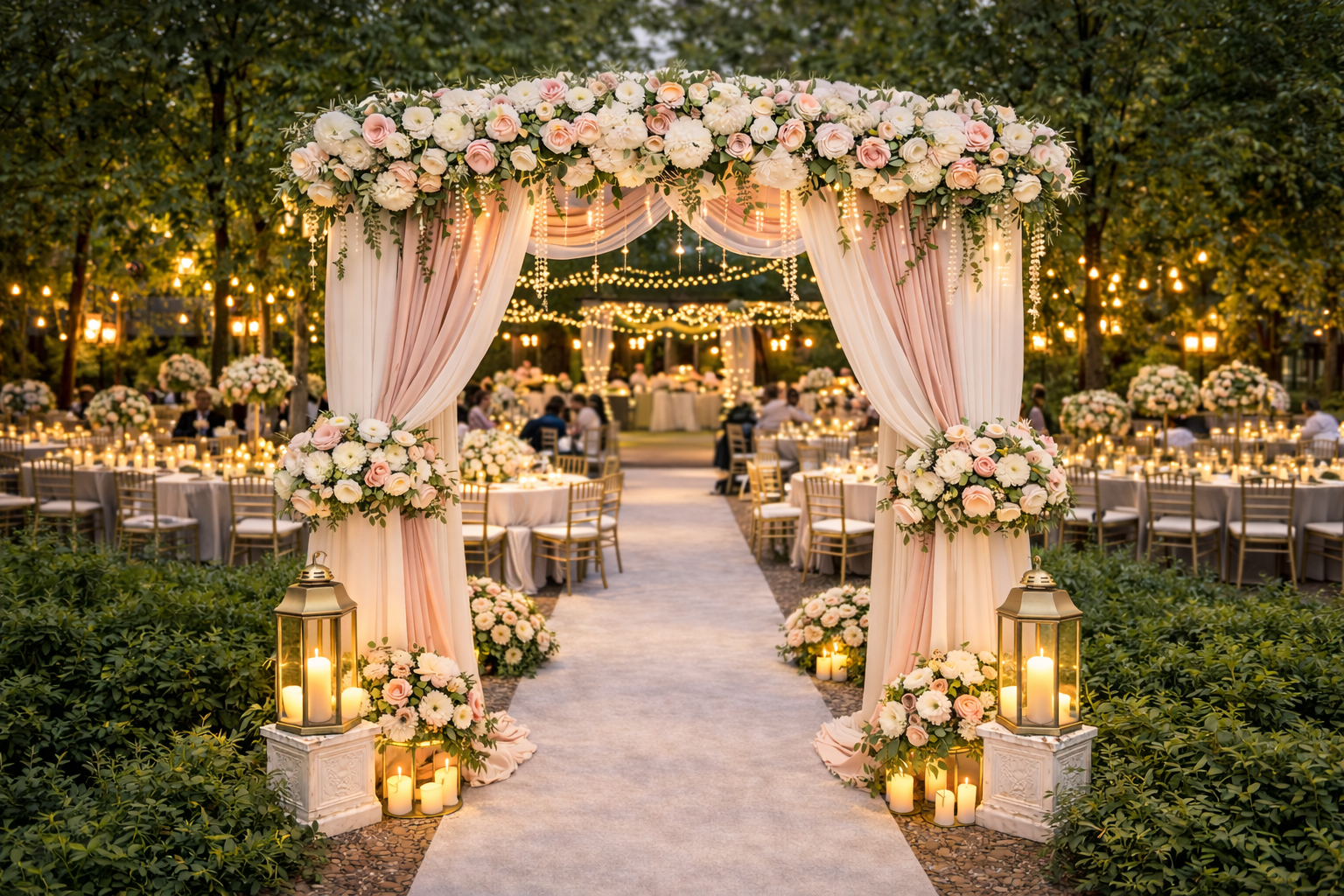 Luxury wedding entrance arch decoration with flowers and lights Sri Lanka