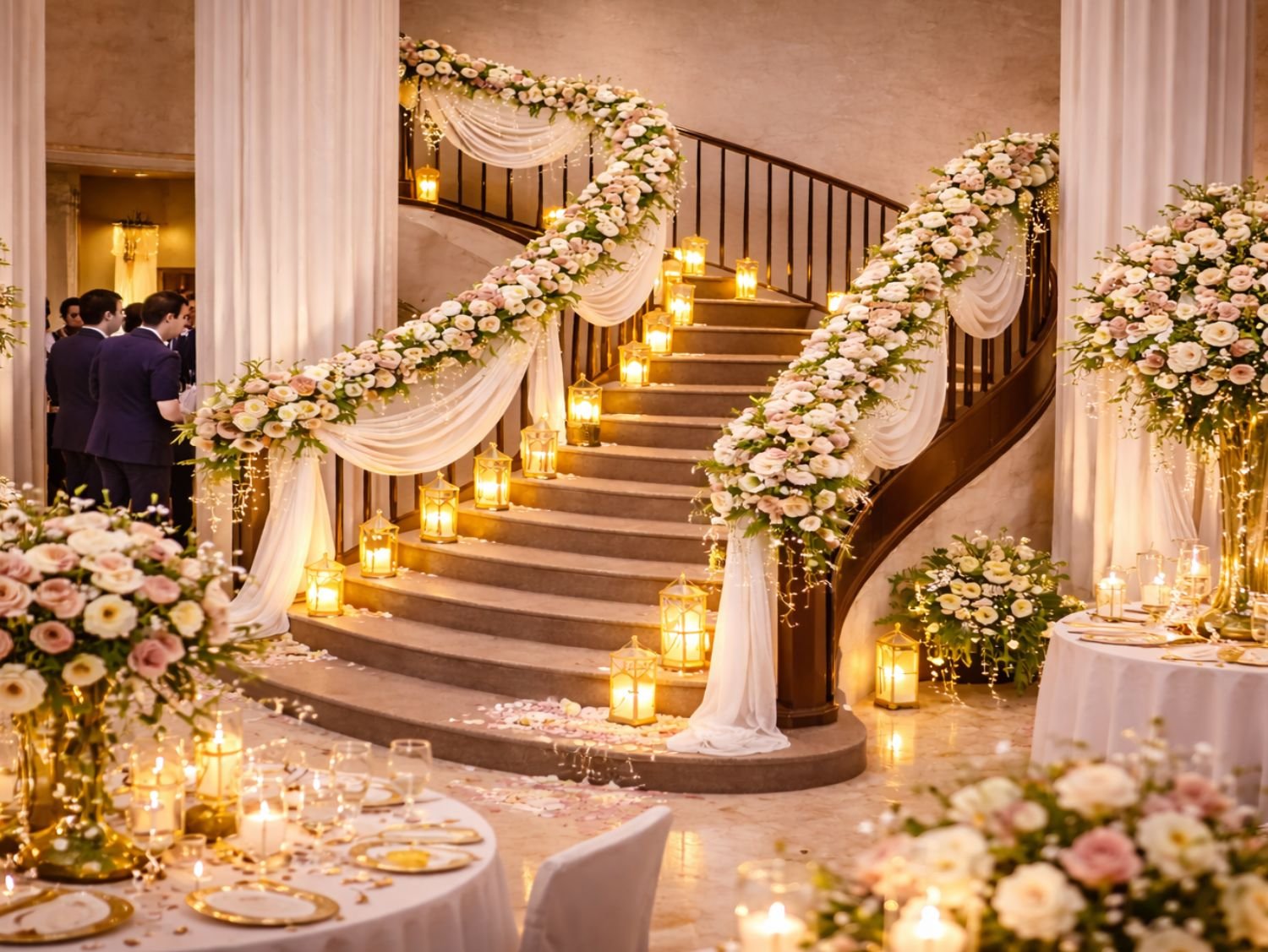 Wedding staircase decor with flowers and LED lighting