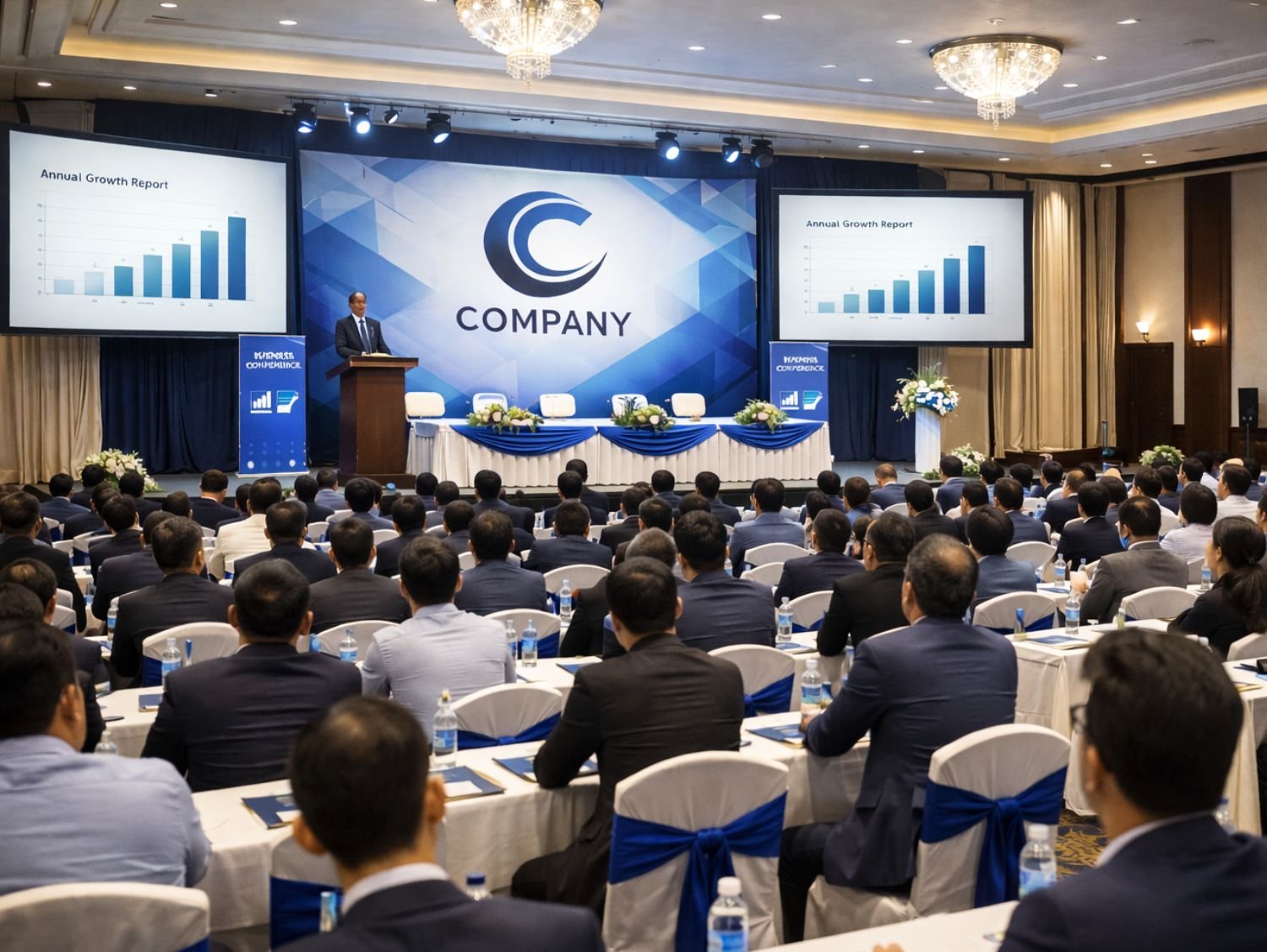 indoor conference hall decoration with branding elements