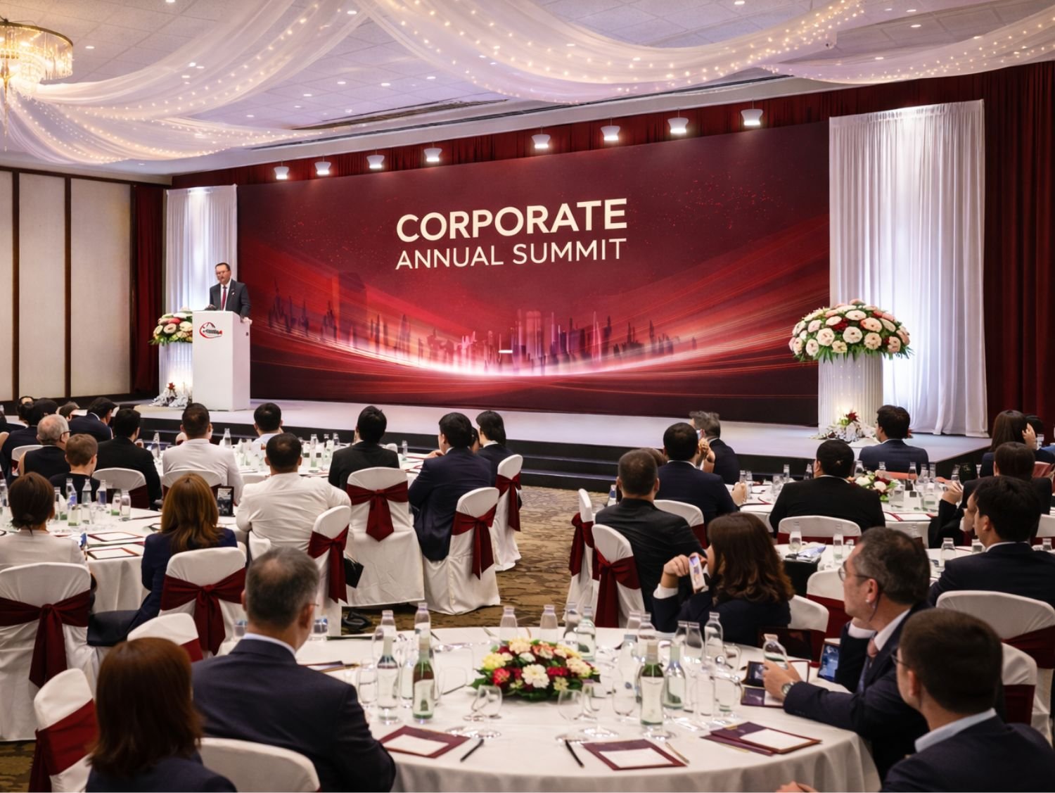 Hotel banquet hall decoration service with modern event décor setup