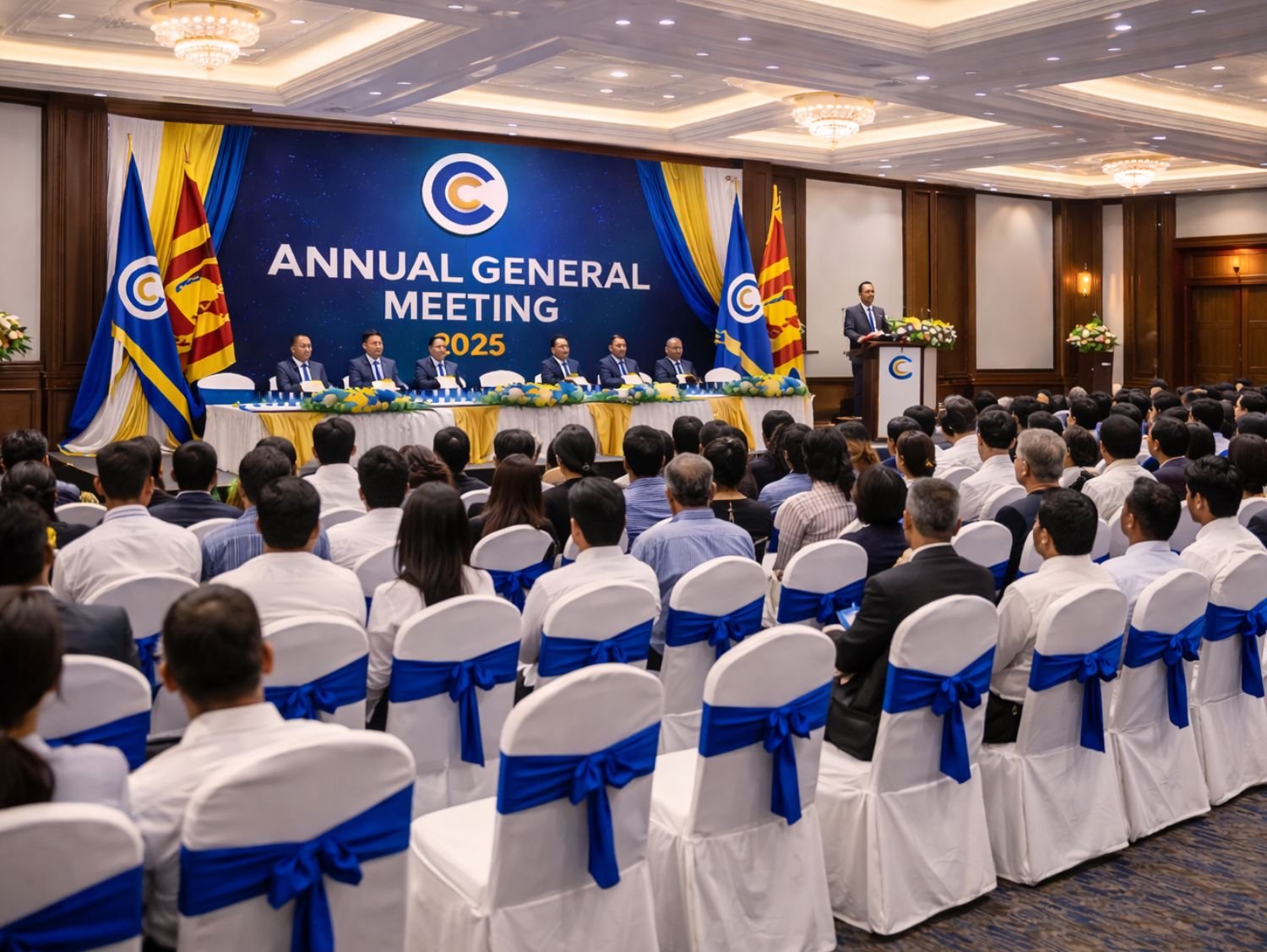 Corporate event decoration during live annual general meeting with speaker on stage and branded backdrop