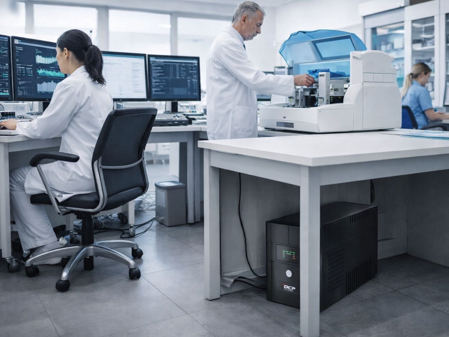 DCP 1kVA online UPS placed under conference table supporting corporate hybrid meeting setup