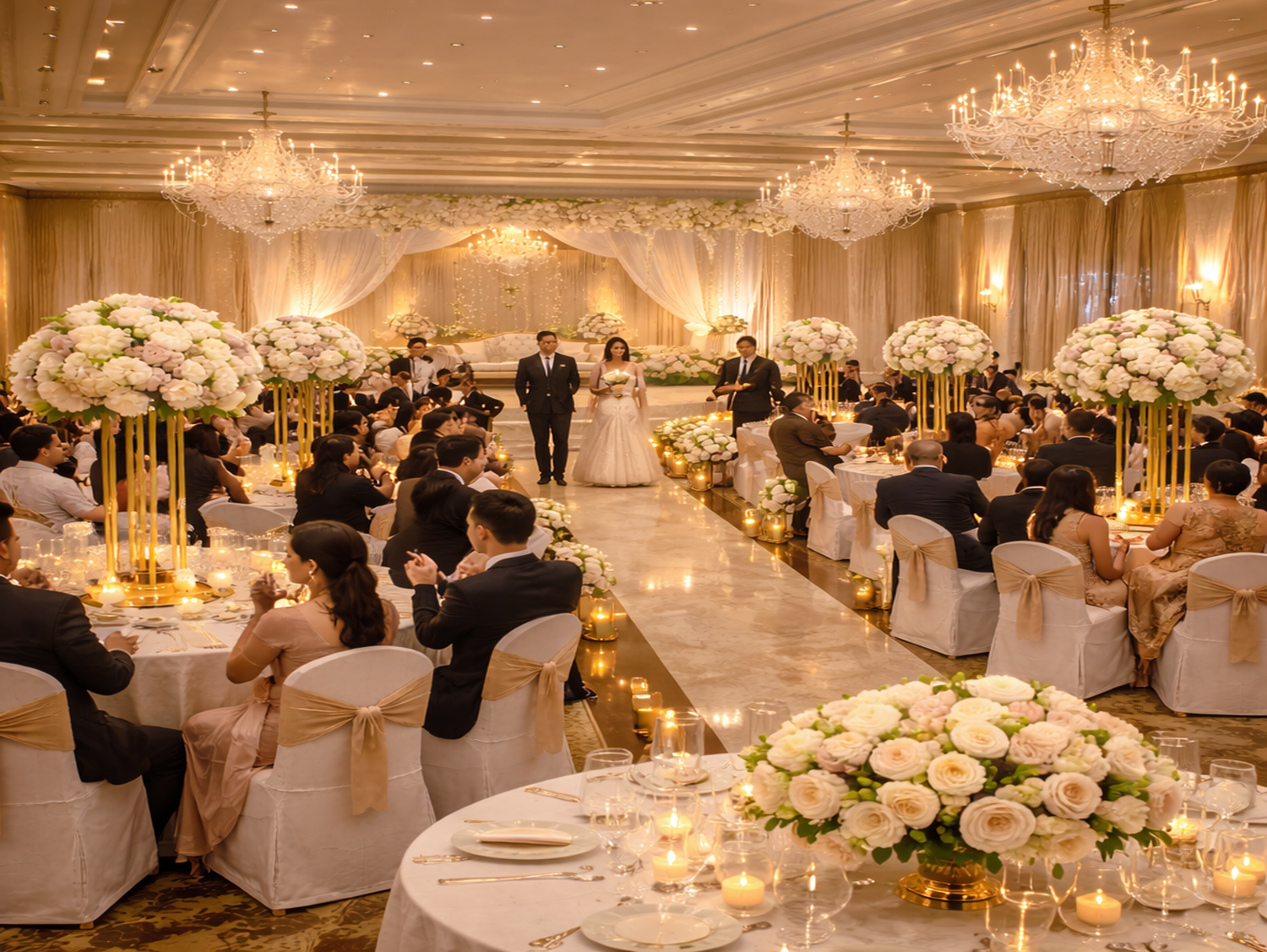 Complete wedding hall decoration service with stage, tables, and lighting