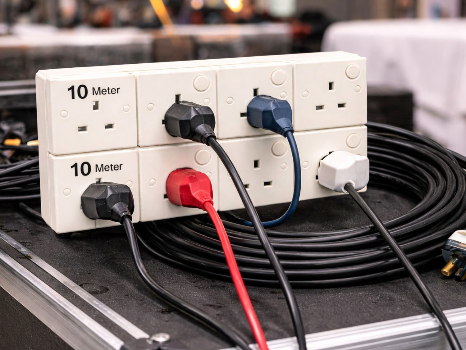 Professional event power distribution using 8 socket extension cord 10 meter