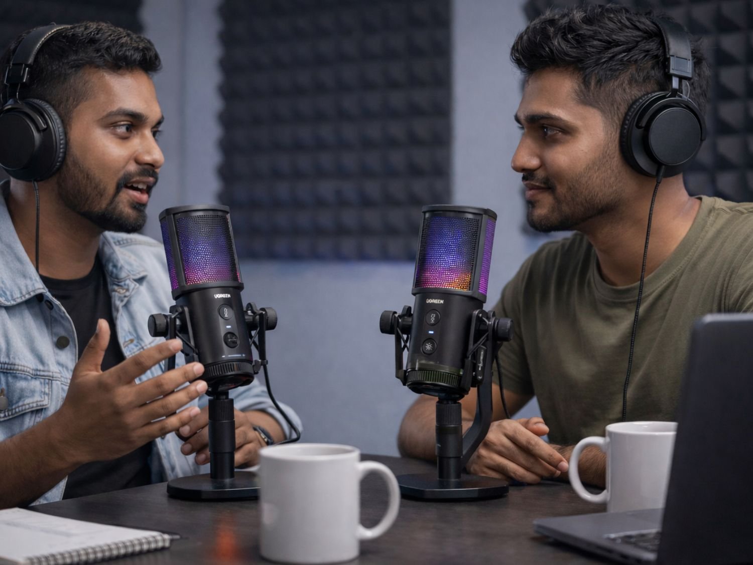 UGREEN RGB desktop microphone close-up with lighting effects