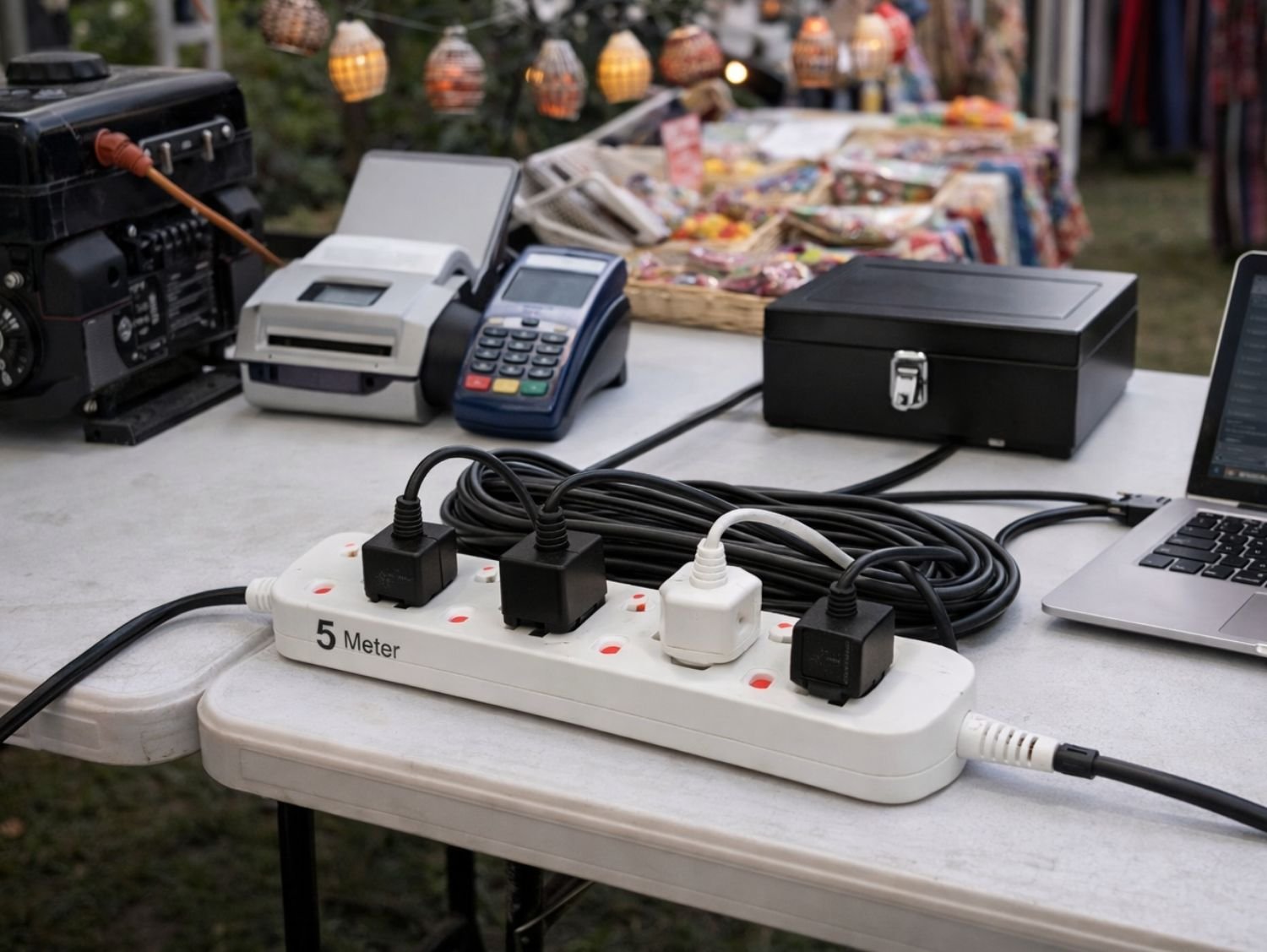 Event power extension cord 5 meter with four 13A sockets in use