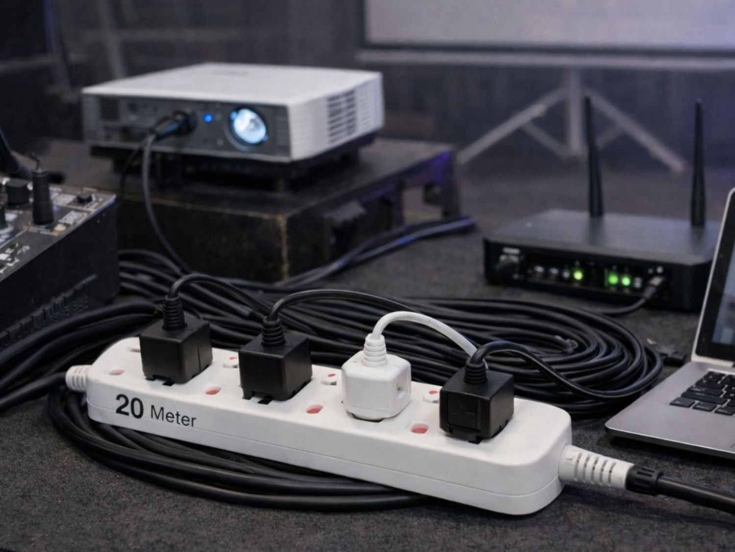 4 socket long cable power extension used for outdoor event and stage lighting setup