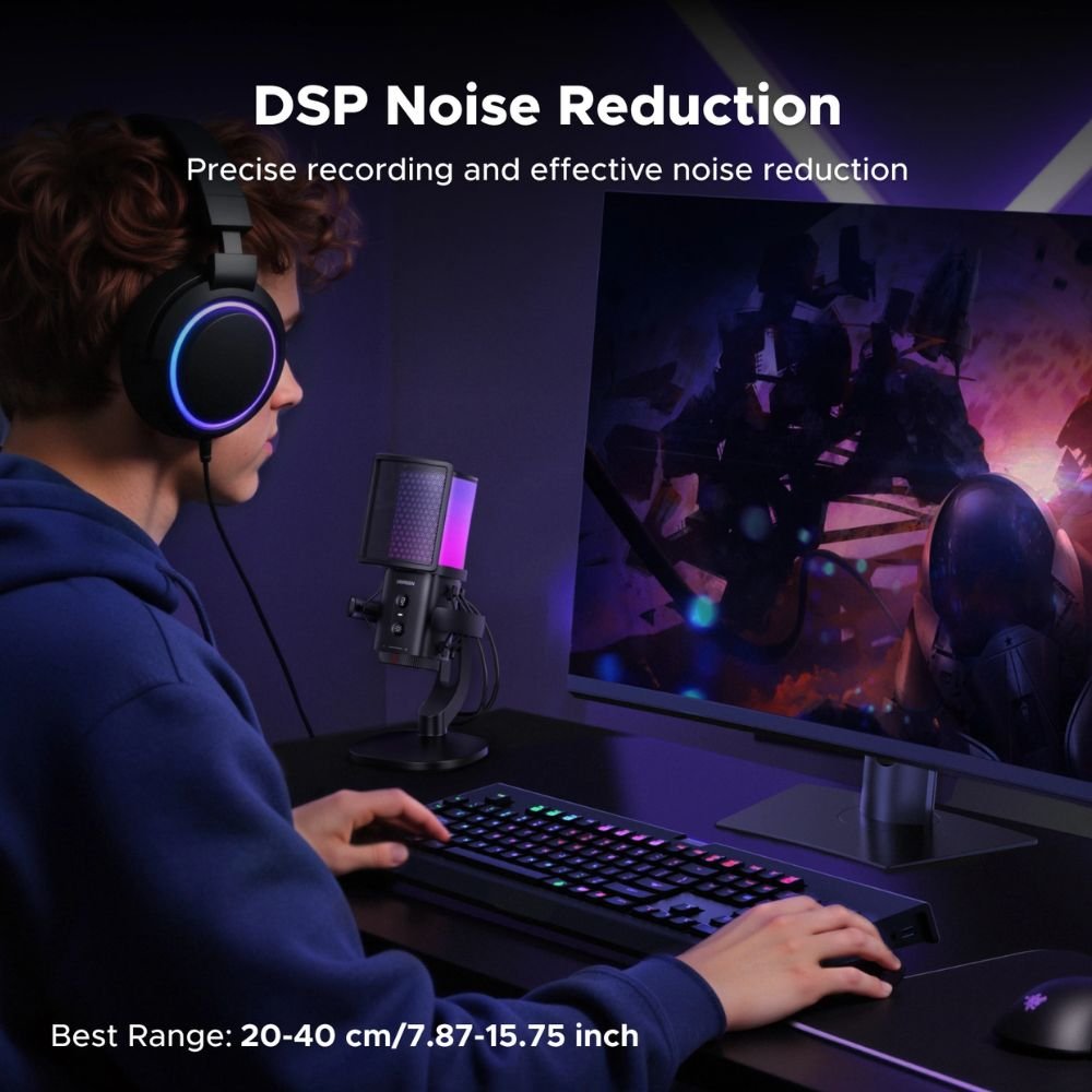 UGREEN noise cancelling USB microphone used for podcast recording