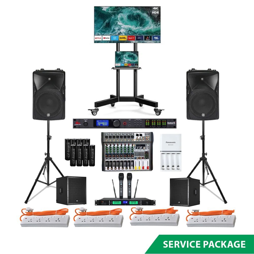 Rent Club Display Dance Karaoke Package in Sri Lanka - speakers, bass bins, wireless mics, mixer and 65-inch 4K TV from Rentitem.lk